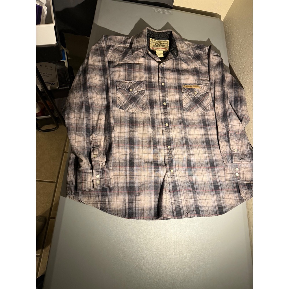 Jesse James West Coast Choppers Plaid Flannel Pearl Snap Work Shirt Mens XL Grey